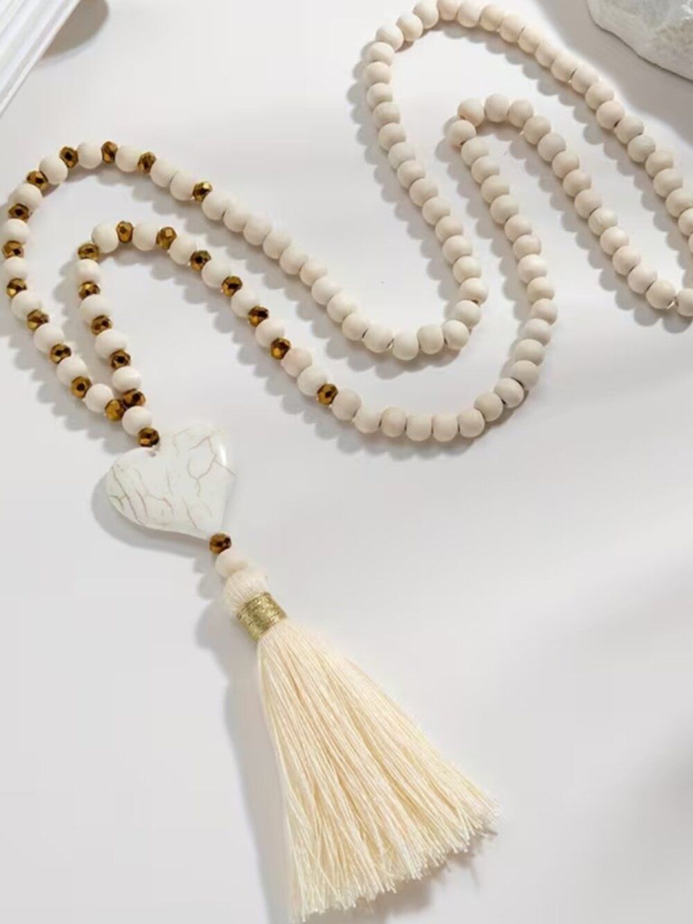 NWT Boho Wood Bead Long Y-Necklace Heart Stone Tassel
